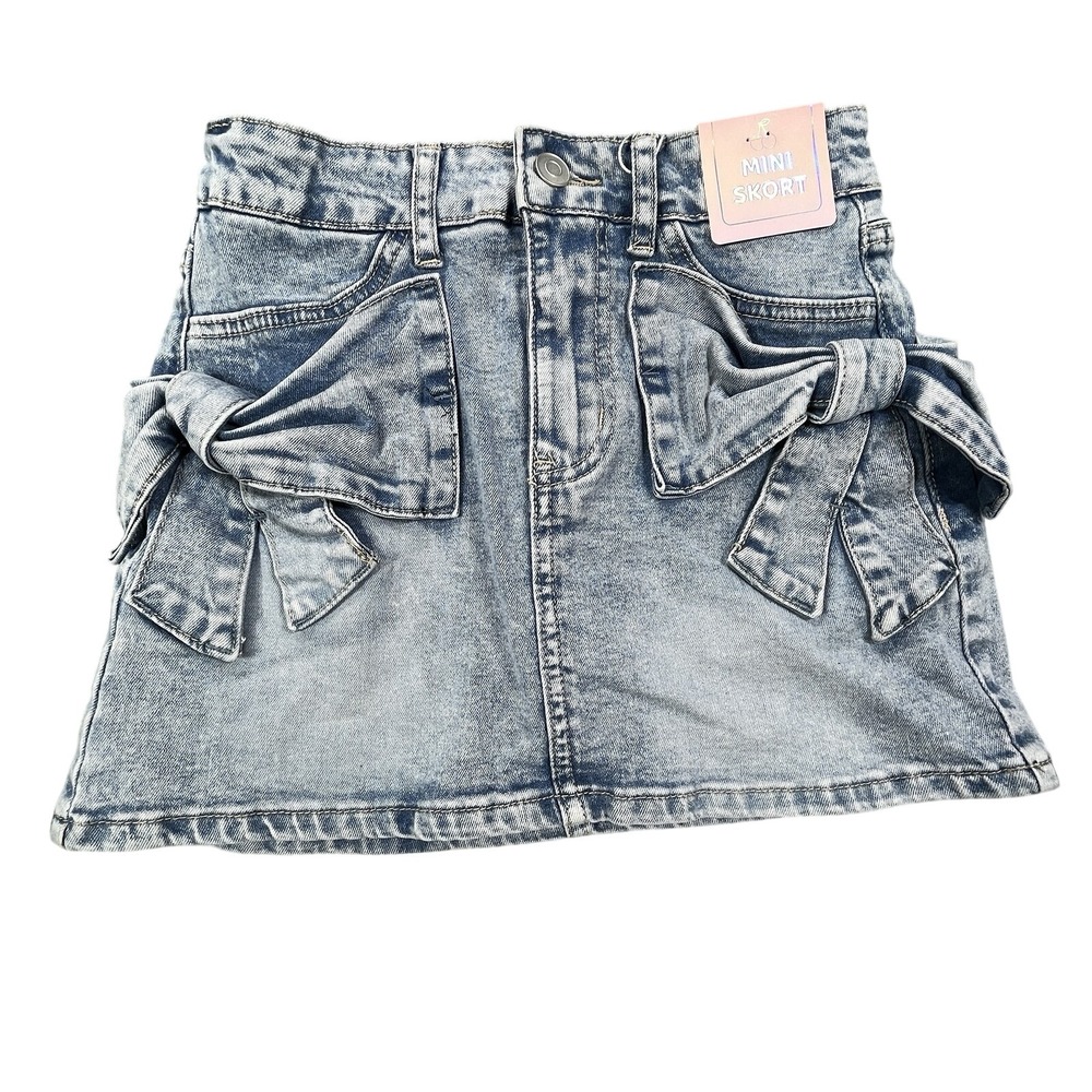 Womens High Rise Denim Skort Ruffle Bow Accent Blue Size Medium 10 Mini Pockets